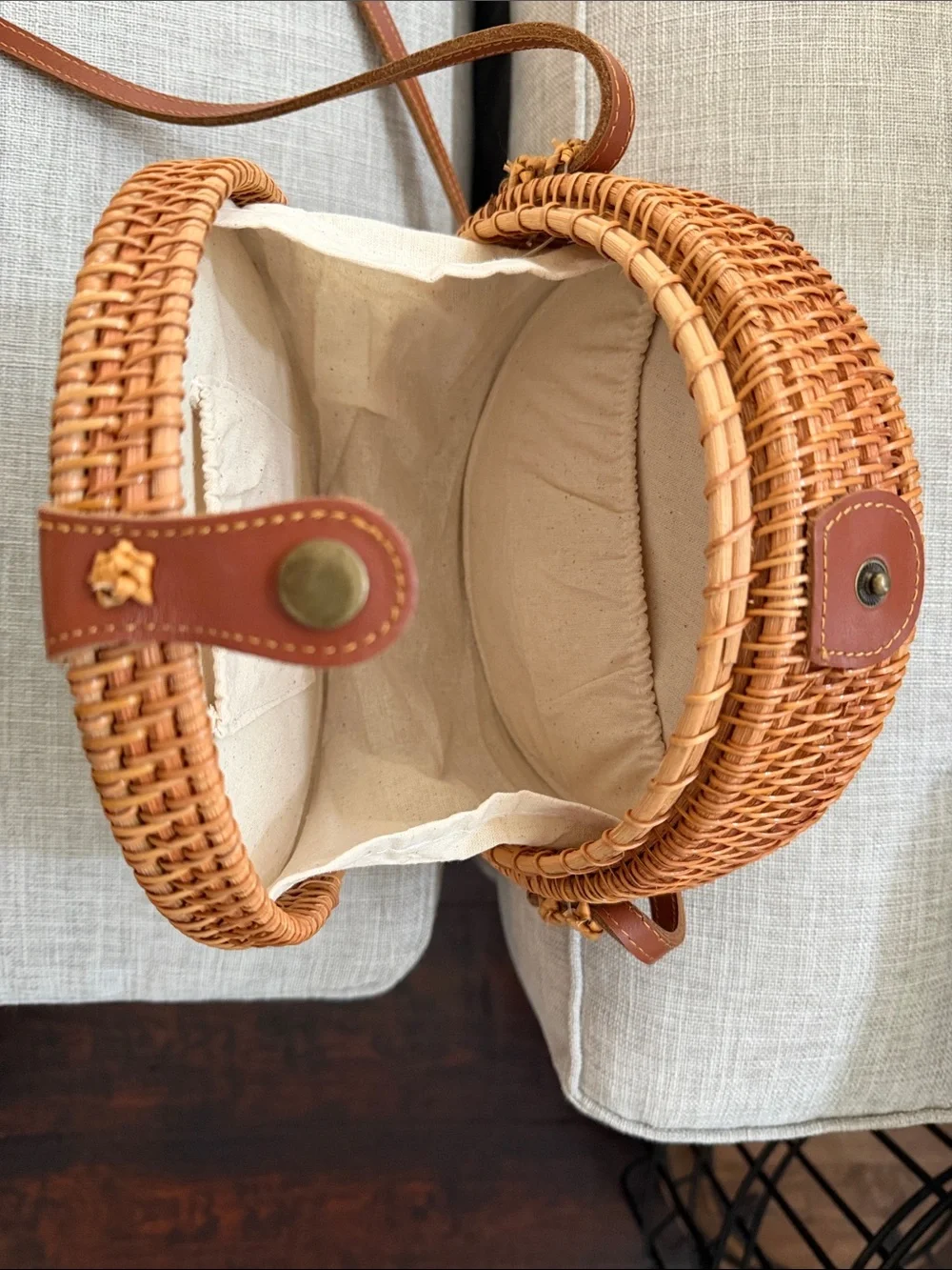 Woven Round Crossbody Bag with Turquoise Inlay
